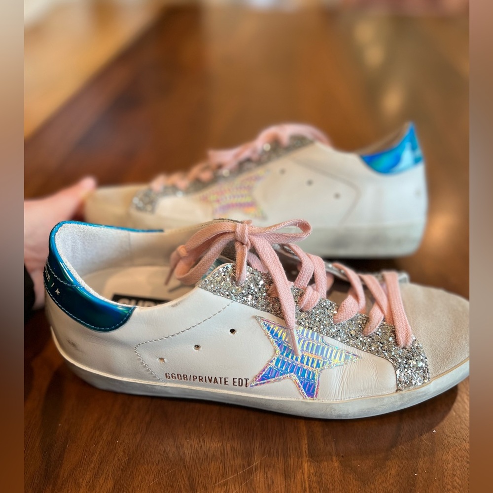 GOLDEN GOOSE Hi Star Platform Sneaker in Silver/Iridescent Pink and Blue/White